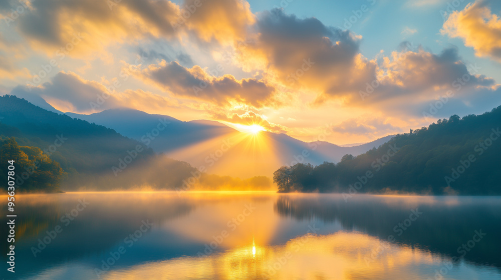 A serene sunrise over a misty mountain range, with golden light streaming through the clouds and reflecting off a calm lake below A serene sunrise over a misty mountain range, with golden light streaming through the clouds and reflecting off a calm lake below