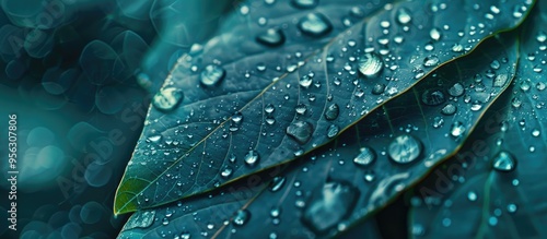 A stunning close up shot capturing water droplets on a leaf after rain illustrating a nature theme with copy space image