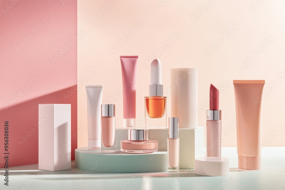 A collection of cosmetic products arranged aesthetically on pastel backgrounds. A collection of cosmetic products arranged aesthetically on pastel backgrounds.