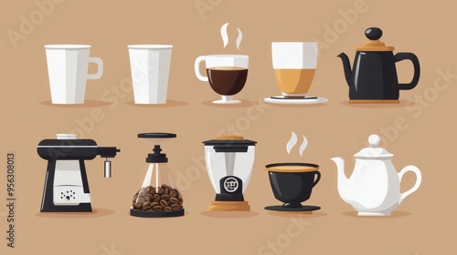 Artistic set of vector coffee machines and coffee drinks isolated on brown background,hand-drawn vector,coffee cups and coffee beans,modern flat design,Fashionable and cute coffee motif concept.