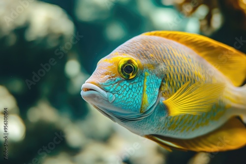 Close-up of a vibrant blue and yellow fish with a prominent eye