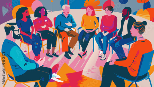 Diverse Group of People at a Colorful Community Meeting