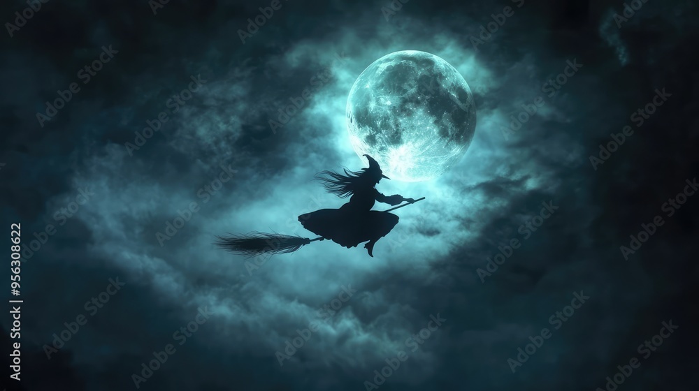 Halloween Witch Flying on a Broom Under the Full Moon, 3D Illustration. AI generated illustration. Halloween Witch Flying on a Broom Under the Full Moon, 3D Illustration. AI generated illustration.