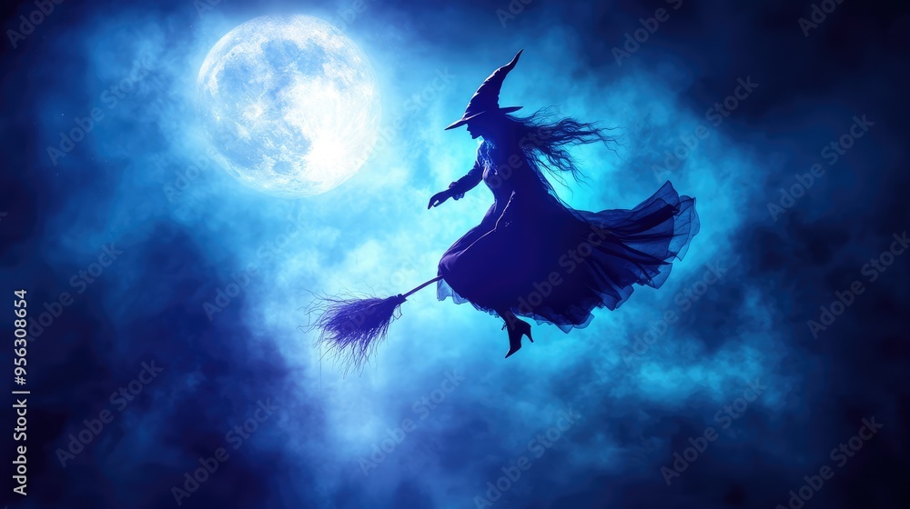 Fototapeta premium Halloween Witch Flying on a Broom Under the Full Moon, 3D Illustration. AI generated illustration.