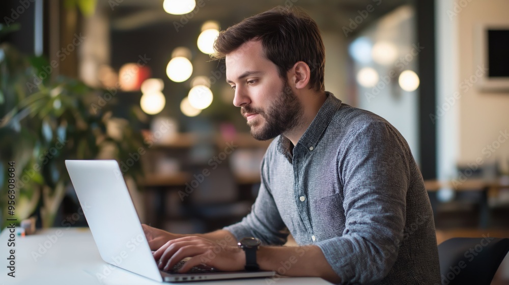 Man working at laptop in office cafe coffee shop Caucasian male beard Man working at laptop in office cafe coffee shop Caucasian male beard