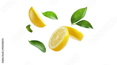 Yellow lemon slices falling with green leaves isolated on transparent background