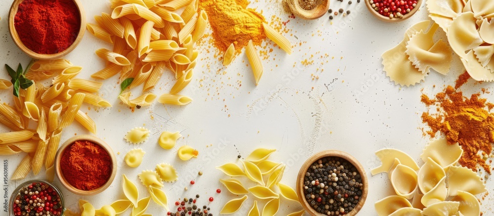 Various pasta spices and items showcased on a white surface from above with room for text in the image. Creative banner. Copyspace image Various pasta spices and items showcased on a white surface from above with room for text in the image. Creative banner. Copyspace image