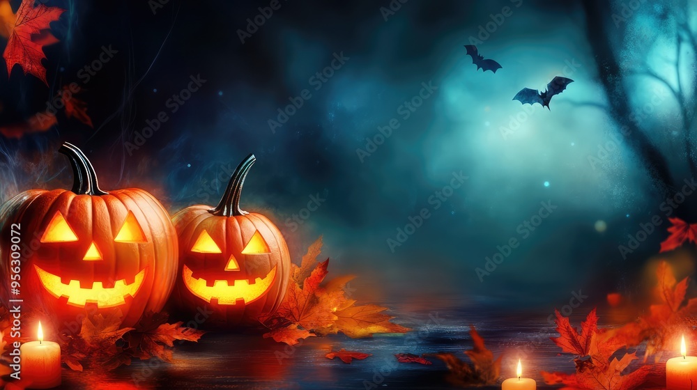 Happy Halloween Background with Jack O' Lantern Pumpkins, Autumn Leaves, and Candles, 3D Illustration. AI generated illustration. Happy Halloween Background with Jack O' Lantern Pumpkins, Autumn Leaves, and Candles, 3D Illustration. AI generated illustration.