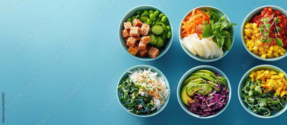 Various poke bowl varieties showcased in a top view image with a blue background with plenty of copy space for additional text or graphics Various poke bowl varieties showcased in a top view image with a blue background with plenty of copy space for additional text or graphics