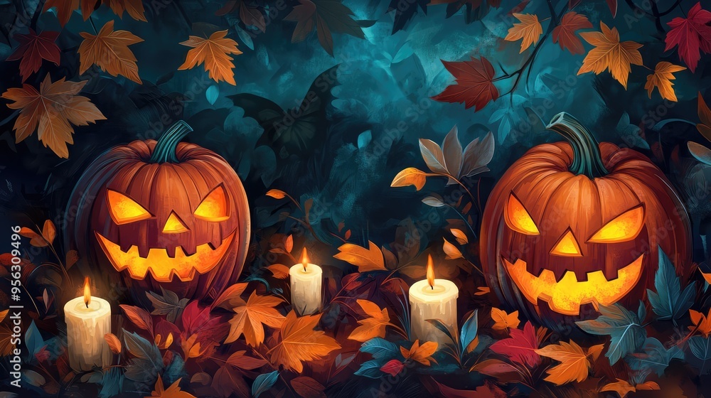 Happy Halloween Background with Jack O' Lantern Pumpkins, Autumn Leaves, and Candles, 3D Illustration. AI generated illustration. Happy Halloween Background with Jack O' Lantern Pumpkins, Autumn Leaves, and Candles, 3D Illustration. AI generated illustration.
