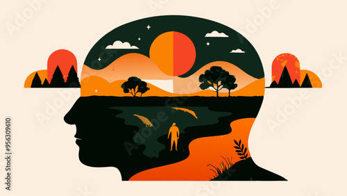 Surreal Silhouette with Inner Landscape and Vibrant Sunset