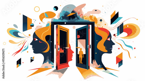 Abstract Imagination Portal with Human Silhouettes and Vibrant Colors
