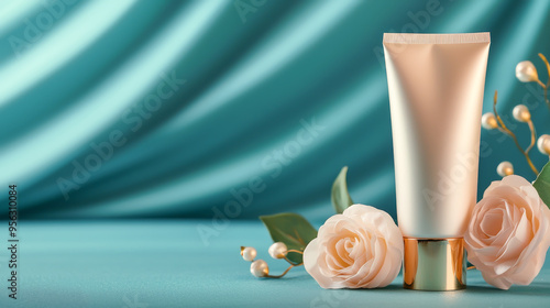 Elegant cosmetic tube surrounded by soft petals and luxurious fabric, perfect for beauty and skincare promotions. photo