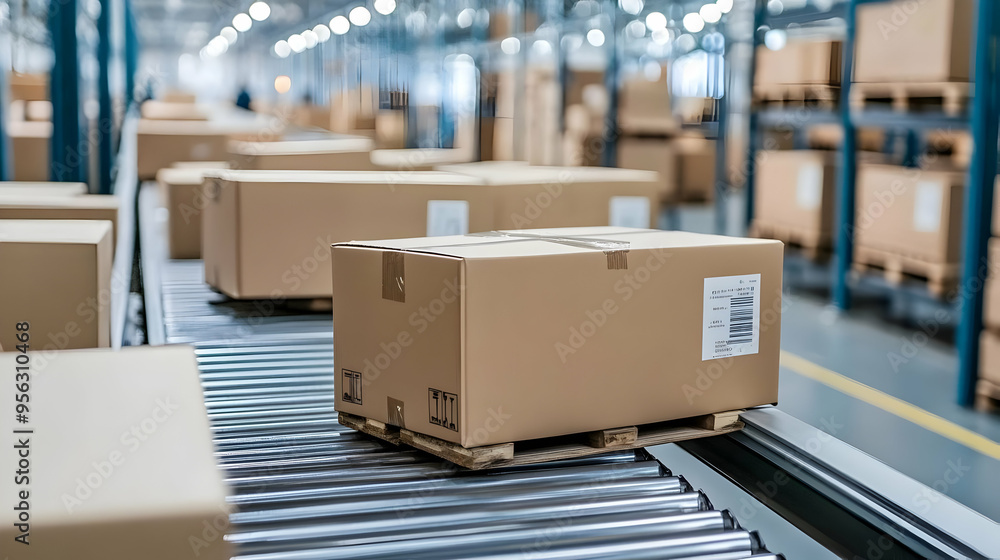 Cardboard Box on Conveyor Belt in Warehouse Cardboard Box on Conveyor Belt in Warehouse