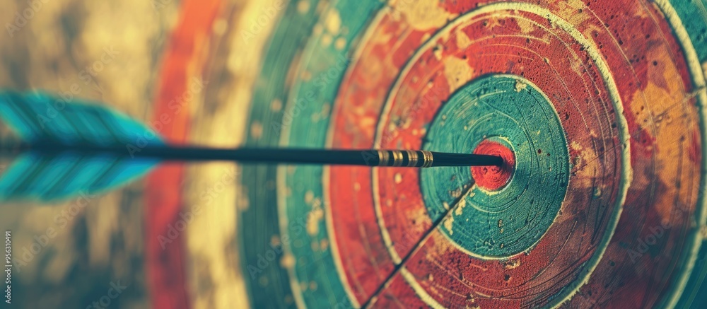 Arrows of various styles strike the bullseye in a copy space image Arrows of various styles strike the bullseye in a copy space image