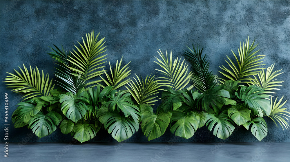 Tropical Plants Against Blue Concrete Wall Tropical Plants Against Blue Concrete Wall