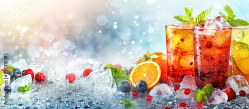 Obraz  z motywem Refreshing chilled beverages like icy cold drinks and fresh juicy juices perfect for hot summer days with copy space image