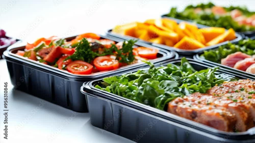 Delicious healthy meal prep with fresh vegetables, chicken, and greens in black containers for a balanced diet and convenient eating. Delicious healthy meal prep with fresh vegetables, chicken, and greens in black containers for a balanced diet and convenient eating.