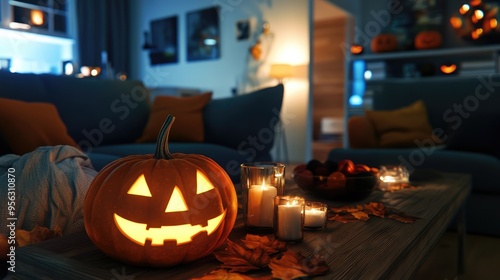 Living Room with Halloween Decoration, Pumpkins and Candles on the Coffee Table, 3D Illustration. AI generated illustration.