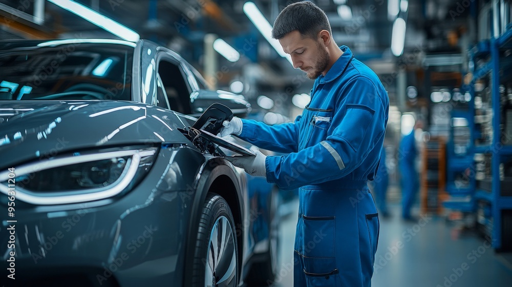 Mechanic verifying safety checklist on electric vehicle Mechanic verifying safety checklist on electric vehicle