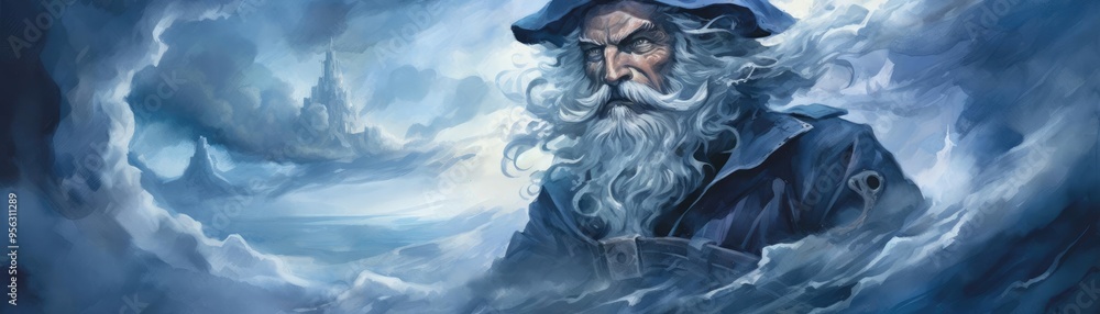 Pirate captain, ghostly figure at the helm, stormy seas, Watercolor style