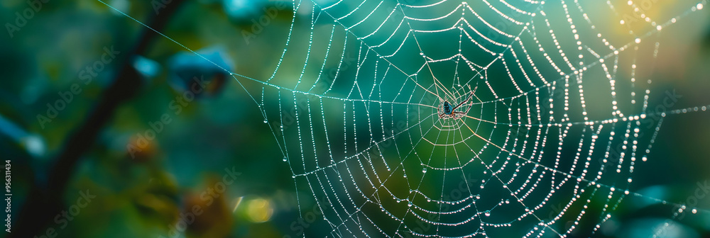 Naklejka premium Conceptual image of a spider web with dew drops and a spider in the center against a background of green trees.