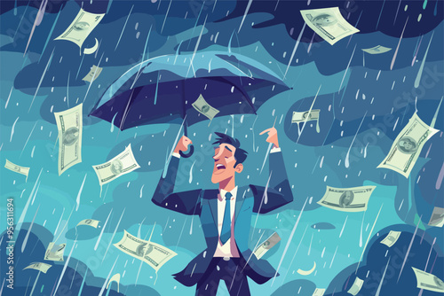 Rich Businessman Collecting Falling Money from Investment Thunderstorm as Passive Income Idea