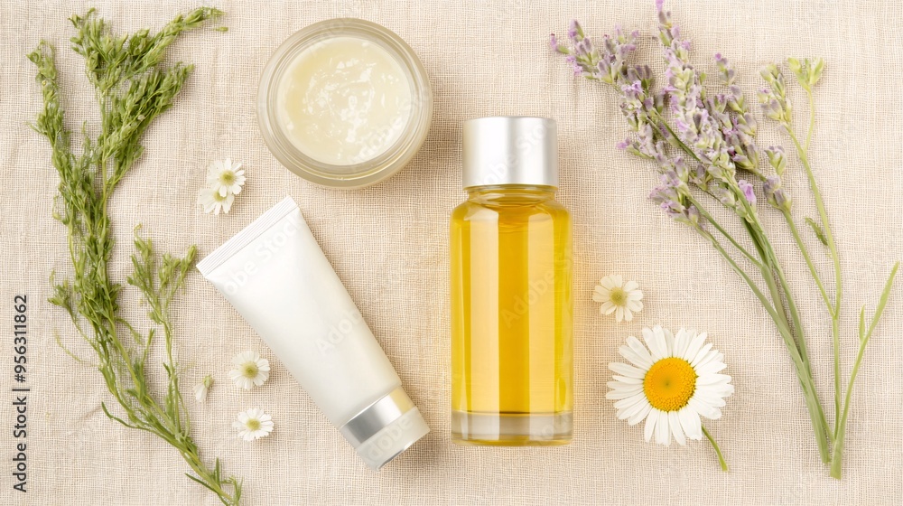 A serene display of skincare products with natural herbs and flowers on a linen background. A serene display of skincare products with natural herbs and flowers on a linen background.