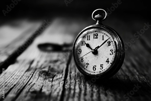 Vintage Pocket Watch on a Wooden Surface in Black and White, Symbolizing the Passage of Time