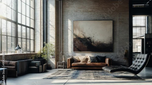 Wallpaper Mural Modern industrial living room with large windows, brown leather sofa, abstract art on wall, and lounge chair in open loft apartment. Torontodigital.ca