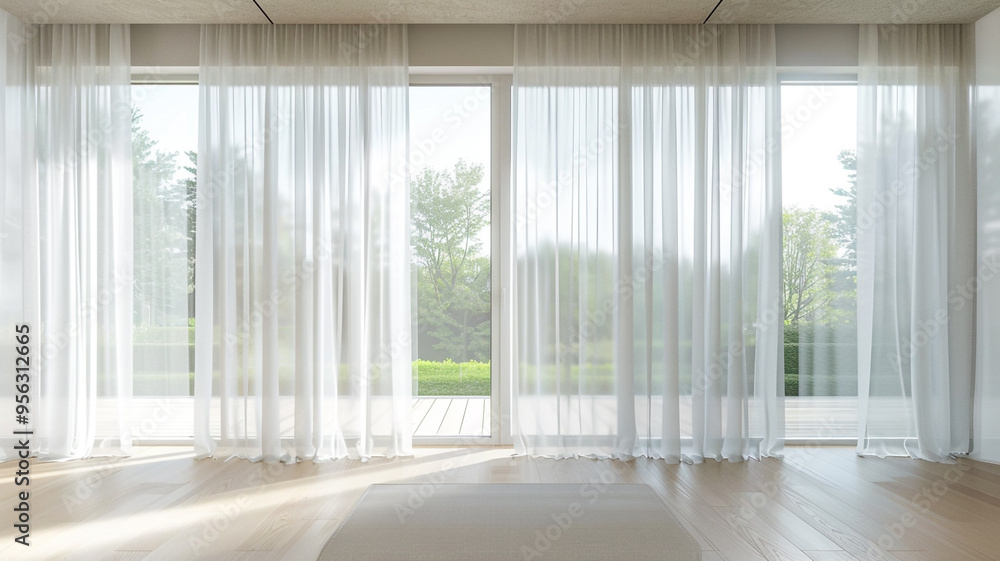 a minimalist bedroom with large windows and sheer white curtains a minimalist bedroom with large windows and sheer white curtains