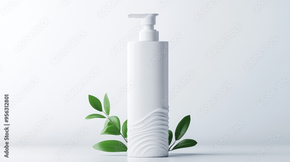A shampoo bottle mockup crafted from recycled plastic, designed with wave patterns and floating leaves, conveying clean, natural ingredients and water conservation. A shampoo bottle mockup crafted from recycled plastic, designed with wave patterns and floating leaves, conveying clean, natural ingredients and water conservation.