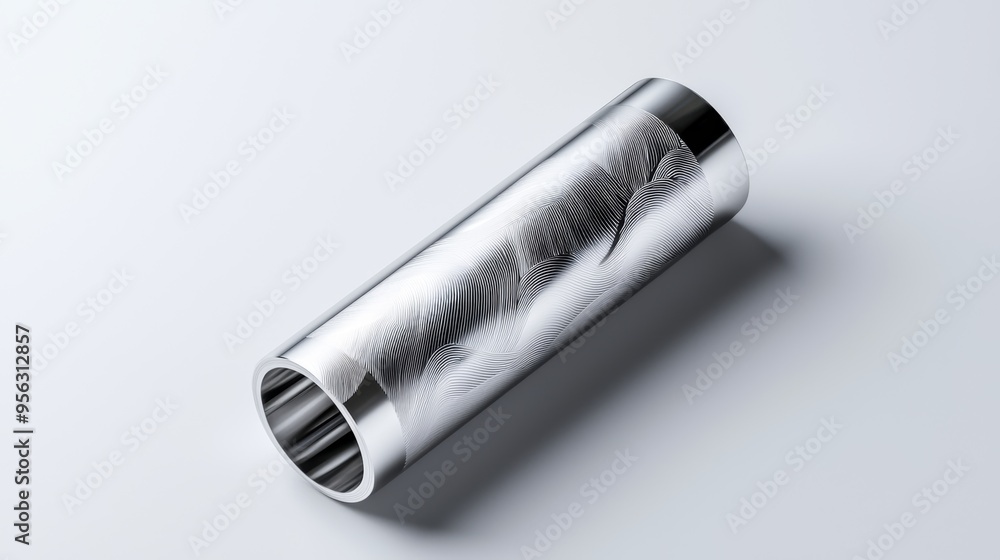 A stainless steel tube mockup with an engraved pattern of abstract clouds and sun rays, representing clean air and the reduction of pollution. A stainless steel tube mockup with an engraved pattern of abstract clouds and sun rays, representing clean air and the reduction of pollution.