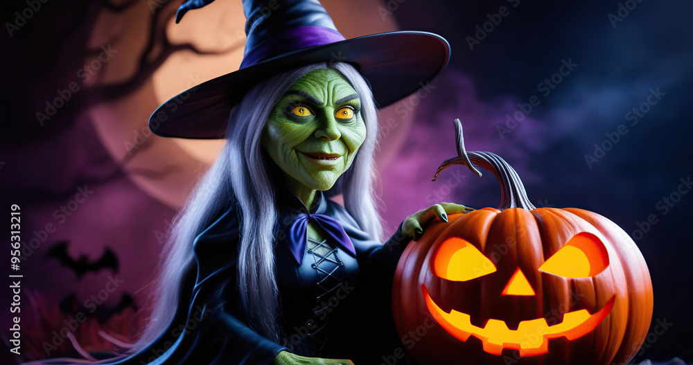 Halloween themed cartoon background featuring a pumpkin and a witch Halloween themed cartoon background featuring a pumpkin and a witch
