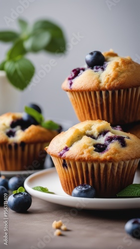 Two golden brown muffins with cheese filling and blueberries on top set against a background of stacked muffins in a bakery setting.