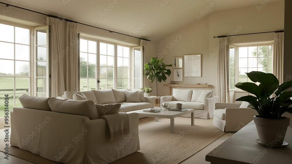 Mockup Elegant Living Room Design Featuring Large Windows and Cozy Fireplace with Modern Decor. Interior Background Mockup Elegant Living Room Design Featuring Large Windows and Cozy Fireplace with Modern Decor. Interior Background