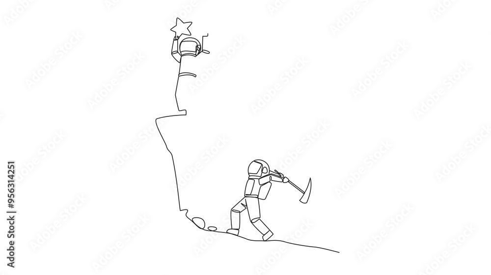 Self drawing animation of single line drawing astronaut standing on a cliff lifting a star. An envious friend, eating away at success from the inside to fall down. The traitor. Full length animated Self drawing animation of single line drawing astronaut standing on a cliff lifting a star. An envious friend, eating away at success from the inside to fall down. The traitor. Full length animated