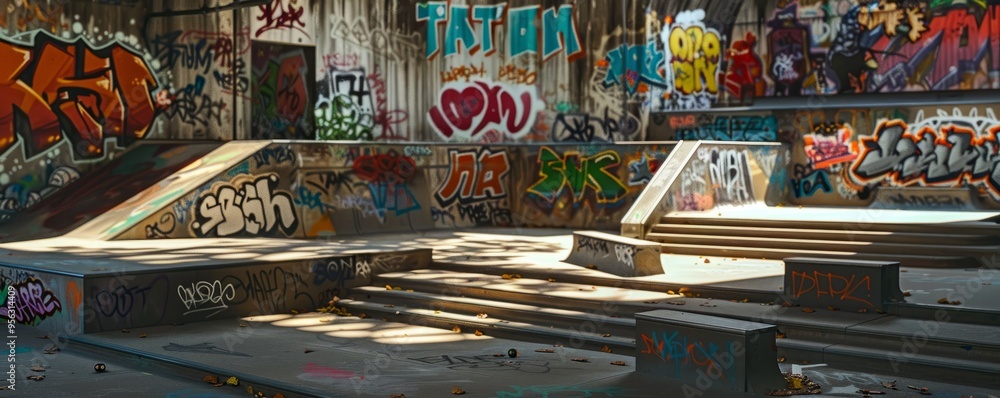 Graffiti-covered skate park bustling with energy, 4K hyperrealistic photo Graffiti-covered skate park bustling with energy, 4K hyperrealistic photo