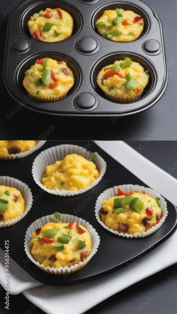 Muffin tin with uncooked egg muffins above six decorated cupcakes on a white plate. Muffin tin with uncooked egg muffins above six decorated cupcakes on a white plate.