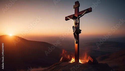 fiery crucifix illuminates hellish landscape photo