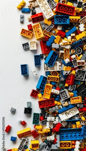 Colorful Plastic Construction Toy Bricks on White Background, Top View With Copy Space