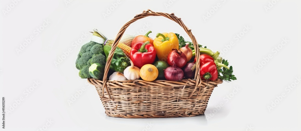Basket filled with a variety of fresh vegetables creating a vibrant display against a white background perfect for a copy space image Basket filled with a variety of fresh vegetables creating a vibrant display against a white background perfect for a copy space image