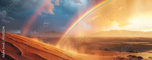 Intense rainbow over desert landscape, 4K hyperrealistic photo