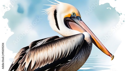 pelican depicted watercolor style isolated white background blending abstract elements lifelike details showcase coastal avian beauty photo