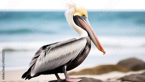 pelican depicted watercolor style isolated white background blending abstract elements lifelike details showcase coastal avian beauty photo