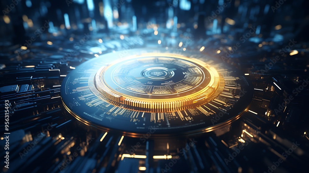 Fototapeta premium A visually striking representation of digital coins in sharp focus on an advanced digital display, signifying the advancement of financial technologies.