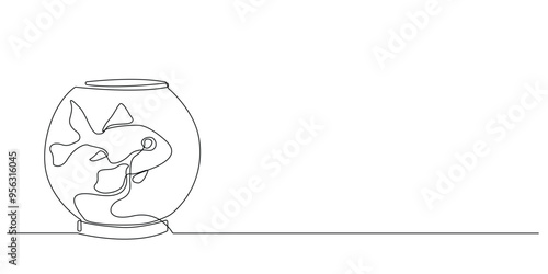 one continuous line gold fish inside round aquarium.one line drawing of pet gold fish.single line vector illustration.isolated white background