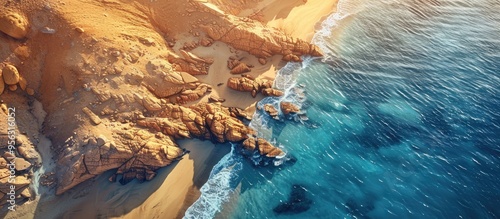 Top view of a rocky seashore with sandy texture and yellow desert dunes in the background ideal for showcasing summer products with a copy space image
