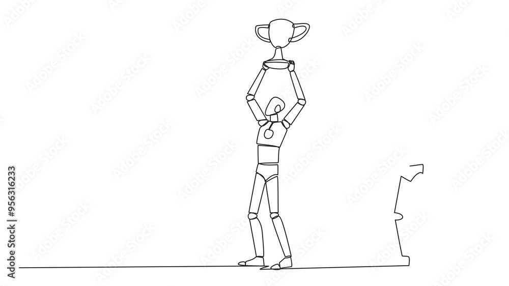 Animated self drawing of single continuous line drawing the smart robot standing lifting trophy. Business friends prepare to stab in the back. Unhealthy business. Full length single line animation Animated self drawing of single continuous line drawing the smart robot standing lifting trophy. Business friends prepare to stab in the back. Unhealthy business. Full length single line animation