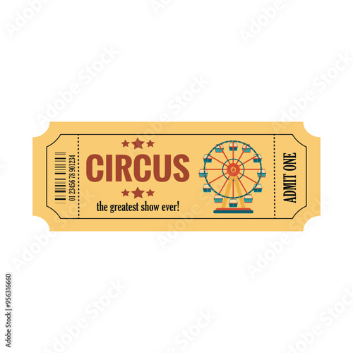 Vintage carnival ticket with Circus Ferris Wheel and stars Circus admit one in yellow and red colors. Ticket template design isolated on white background.